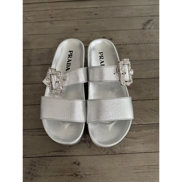 Prada Silver Metallic Leather Platform Crystal Buckle Slide Sandals Size 38 8 - Picture 4 of 10